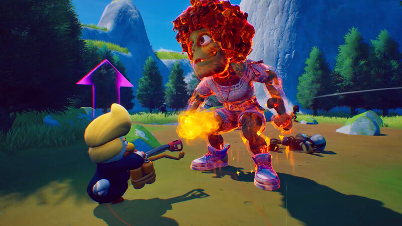 Chicken character battling a giant enemy